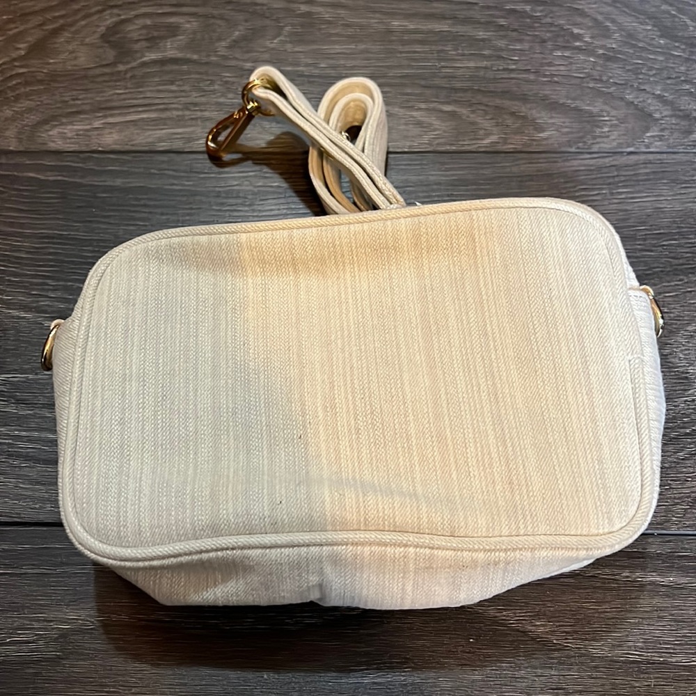 Never used denim Stony Clover Lane camera bag with detachable crossbody strap